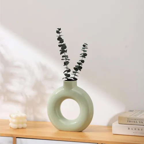 Vista 5 de Juego de 2 jarrones de cerámica verde, jarrón moderno para decoración del hogar, jarrón redondo bohemio para decoración, estilo nórdico minimalista