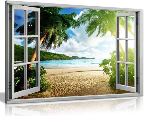Vista 2 de Lienzo decorativo para pared con efecto de ventana 3D con vista al atardecer en la playa (12 x 8)