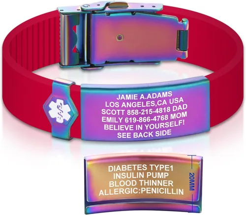 Vista 161 de Divoti Pulsera de identificación de alerta médica grabada personalizada, grabado láser de doble cara (hasta 9 líneas), pulsera de silicona ajustable
