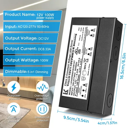Vista 2 de Controlador LED regulable de 12 V 100 W, 5 en 1 Triac/ELV/MLV/0-10V/1-10V/PWM/V-R, fuente de alimentación de CA a CC, transformador LED impermeable