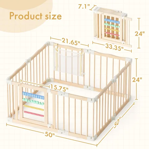 Vista 2 de Corralito de madera para bebés de 50 x 50 pulgadas, valla plegable con bonitos bloques digitales y bolsa de almacenamiento, puerta de madera
