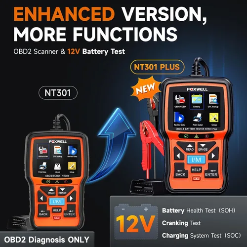 Vista 2 de Upgraded of NT301, 2-in-1 FOXWELL NT301 Plus OBD2 Scanner Car Battery Tester, Professional Code Reader Check Engine Diagnostic Scanner Tool, 12V