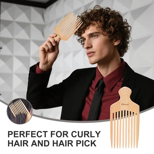 Vista 7 de Peine de bambú para cabello rizado, peine desenredante de dientes anchos de madera premium con mango ergonómico, volumen natural y herramienta