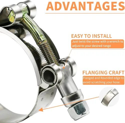Vista 5 de Paquete de 4 abrazaderas de manguera con perno en T de 1.75 pulgadas, abrazadera de entrada turbo de acero inoxidable 304, rango de trabajo de 1.97