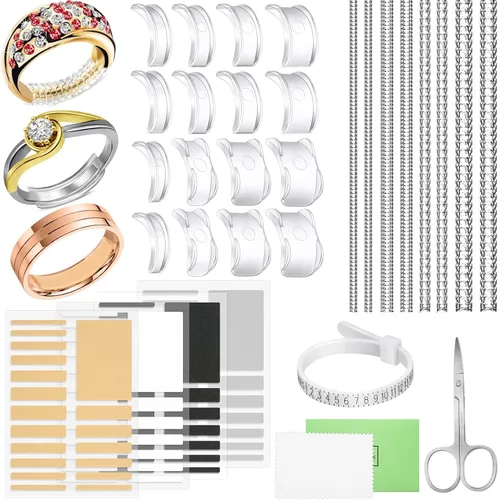 100 piezas de ajuste de tamaño de anillo para anillos sueltos con herramienta de medición de tamaño de anillo, protectores de anillo invisibles