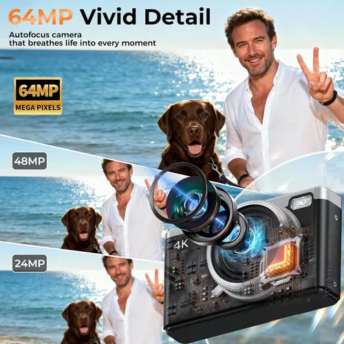 Vista 5 de MaxMango Cámara digital para fotografía, cámara de vlogging de 64 MP y 2.4 pulgadas para YouTube, pantalla abatible de 180°, apunta y dispara