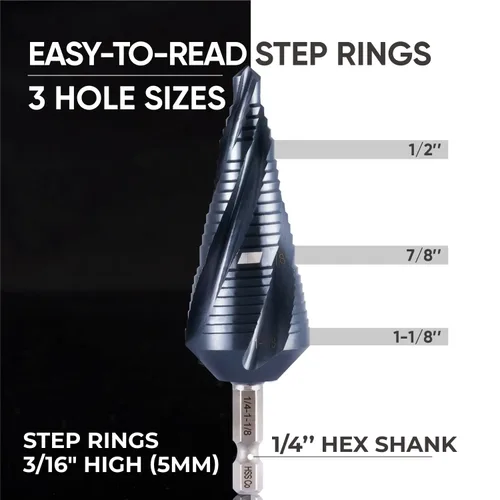 Vista 5 de toolant - Broca de cuatro espirales de cobalto (Pro), broca de paso Unibit lista para impacto, 14"-1-18", broca de paso hexagonal de 14 pulgadas