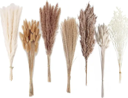 Vista 8 de Decoración de hierba seca de las pampas, 120 piezas de hierba de las pampas con colas de conejo, ramo de hierba de caña para bodas, flores bohemias
