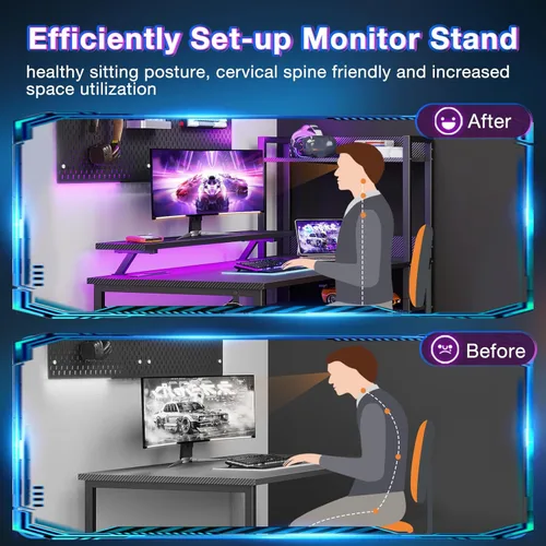 Vista 8 de ODK Escritorio reversible para juegos con tomas de corriente y luces LED, escritorio para computadora de 48 pulgadas con estantes de almacenamiento