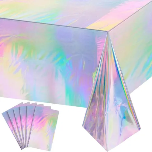 Vista 31 de 3 paquetes de mantel de plástico a cuadros negro y iridiscente, cubiertas de mesa rectangulares brillantes desechables con láser, mantel holográfico
