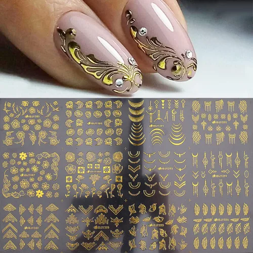 Vista 6 de Calcomanías doradas para arte de uñas, calcomanías de uñas de flores 3D, calcomanías autoadhesivas metálicas para uñas, hojas doradas, suministros