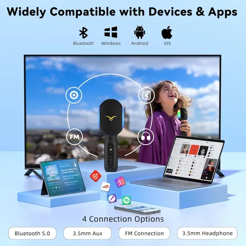 Vista 3 de Micrófono inalámbrico Bluetooth para karaoke, micrófono portátil de 5 en 1 con luces LED, compatible con karaoke en dúo para auto, micrófono