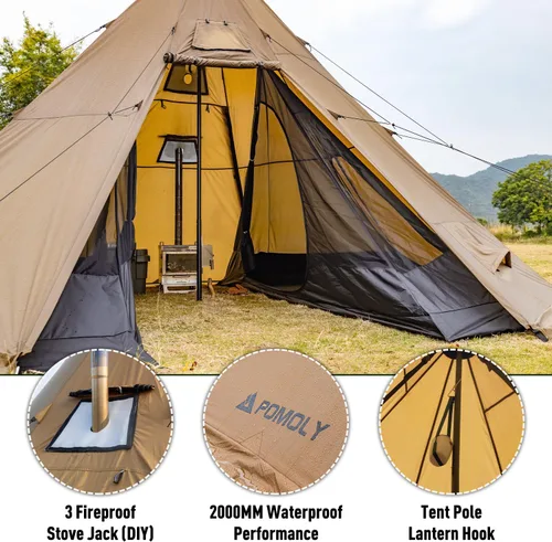 Vista 4 de POMOLY Tipi Tent Camping Hot Tents, Bromance 70 Pyramid with 3 Stove Jacks for 2-4 Person Hiking Hunting