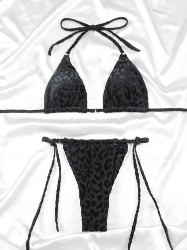 Vista 6 de Women Halter String Bikini Set Sexy Thong Cheeky Two Piece Swimsuits Solid Color Bathing Swimwear