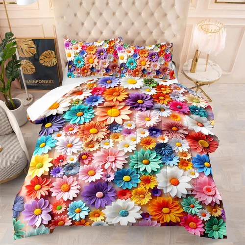 Suncloris Colorful Solid Relief Flowers Comforter Set for Girls Kids Teens, Twin Size Fashion Dimensional Floral Bedspreads with 2 Stunning Floral