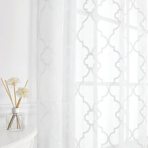 Vista 6 de Cortinas traslúcidas marroquíes para dormitorio, sala de estar, 95 pulgadas, celosía geométrica bordada en lino blanco, cortinas texturizadas