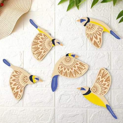 Vista 10 de Barydat 5 piezas de arte de pared de madera con pájaros voladores, decoración de pared de pájaros voladores, arte popular rústico, decoración