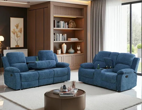 Vista 57 de Juego de Muebles para Sala de Estar, Juego de Sofá Reclinable Manual, Juegos de Sofás Reclinables de Cuero Beige con Mesa Desplegable, Sofá