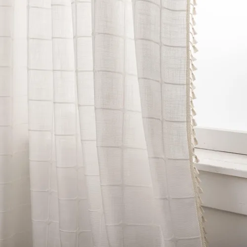 Vista 19 de Deeprove Cenefa de Cortina Boho Aqua de 18 Pulgadas de Largo, Celosía Bohemia Verde Azulado Cuadros Vichy con Textura Bordada, Borlas Vintage