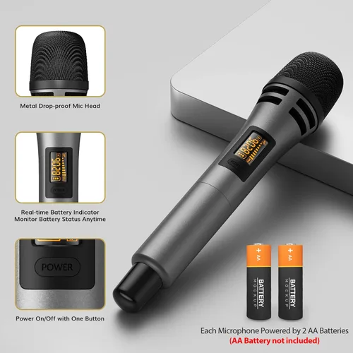 Vista 5 de TONOR Micrófonos Inalámbricos, Sistema de Micrófono UHF Dual para Karaoke, Microfonos Inalámbricos con Receptor Recargable, Micrófono Dinámico