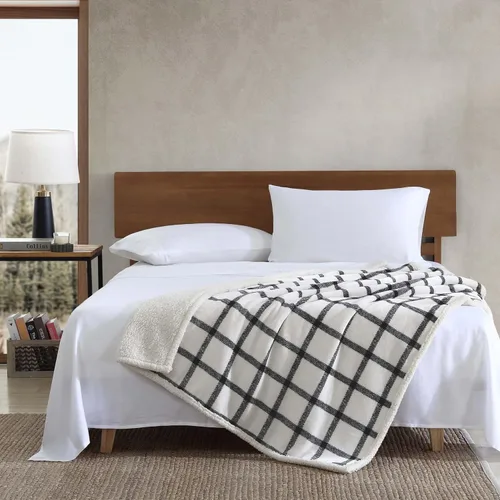 Vista 5 de Eddie Bauer - Manta Decorativa, Ropa de Cama de Vellón Cepillado y Sherpa Suave, Manta para Sofá y Cama (Bunkhouse Plaid Beige, 50" x 60")