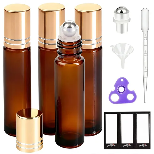 Vista 32 de PrettyCare 6 piezas, botellas roll-on de 10 ml para aceites esenciales con bola de rodillo de acero inoxidable - Botellas rellenables a prueba