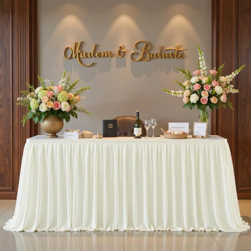 Vista 3 de Faldas de mesa beige para mesas rectangulares, falda de escritorio de 9 pies