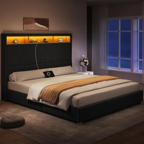 Vista 42 de DWVO Base de cama de plataforma tamaño Queen con cabecera y estribo de 60 pulgadas de alto, cama tapizada de terciopelo con luz LED, patas de madera