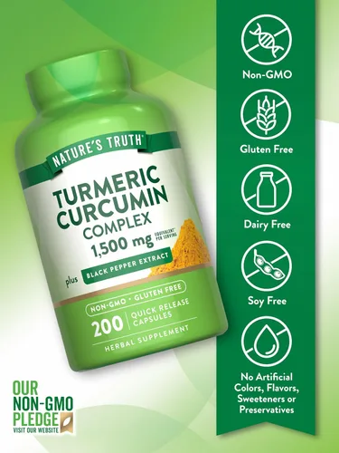 Vista 3 de Nature's Truth Complejo de curcumina de cúrcuma 200 cápsulas con extracto de pimienta negra Suplemento sin OMG y sin gluten
