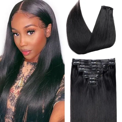 Vista 50 de Extensiones de Cabello con Clip Recto de Cabello Humano Real 8 Piezas Cabello Humano Remy con Clip para Mujeres, Cabello Humano Suave Natural, 120g