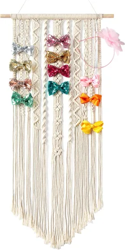 Mkono Organizador de lazos de macramé para niñas, colgante para lazos de pelo, organizador de lazos Boho para pared, soporte para diademas para
