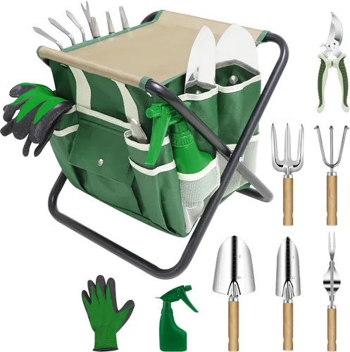 Juego de herramientas de jardín, kit de 10 piezas con taburete plegable resistente, bolsa de almacenamiento desmontable, herramientas de acero