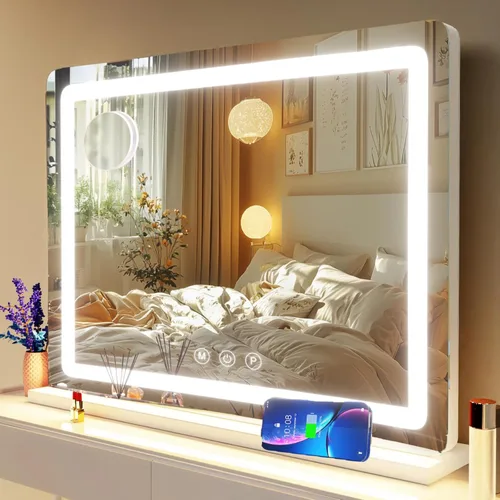 Vista 16 de Gvnkvn Espejo de tocador luminoso con luces, espejo LED de maquillaje de 14 x 12 pulgadas, espejo Hollywood, 3 modos de luz, control táctil