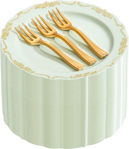 Vista 10 de LIYH 200 Piezas Platos de Postre de Plástico Transparente Dorado 7.5" y Tenedores para Pastel 5" - Platos de Plástico Pequeños Transparentes