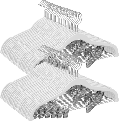 Vista 13 de SONGMICS Paquete de 30 perchas para pantalones, perchas de terciopelo de 16.7 pulgadas de largo con clips ajustables, resistentes y antideslizantes