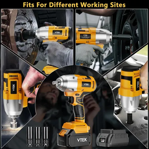 Vista 5 de VTEK Llave de impacto sin escobillas Llave de impacto inalámbrica de 1/2 pulgada, par máximo 700N.m pistola de impacto 515 ft-lbs para niveles