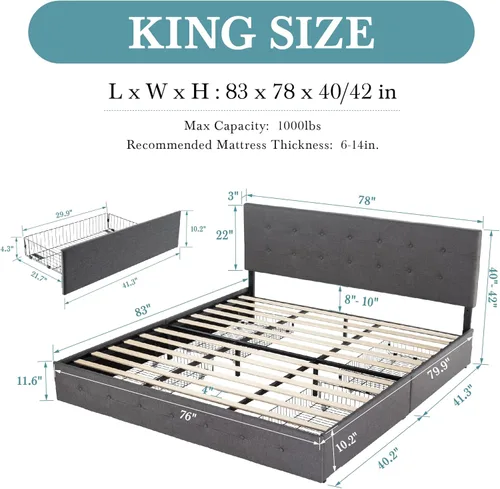 Vista 45 de HOOMIC Base de cama de almacenamiento de plataforma de tamaño matrimonial con 4 cajones y cabecera ajustable, listones de madera, no necesita