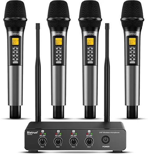 Vista 11 de Micrófono inalámbrico Bietrun con eco/agudos/graves, rango UHF de 160 pies, sistema de micrófono dinámico de mano inalámbrico doble UHF para karaoke