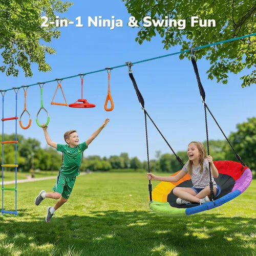 Vista 2 de Hapfan - Juego de columpios de curso de obstáculos Ninja Warrior de 50 pies para niños con accesorios resistentes al clima, juego de exterior