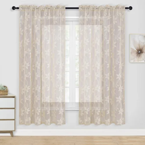 Vista 27 de DWCN Cortinas traslúcidas para cocina, bolsillo para barra de encaje floral beige, 52 x 36 pulgadas, 2 paneles Encaje Beige
