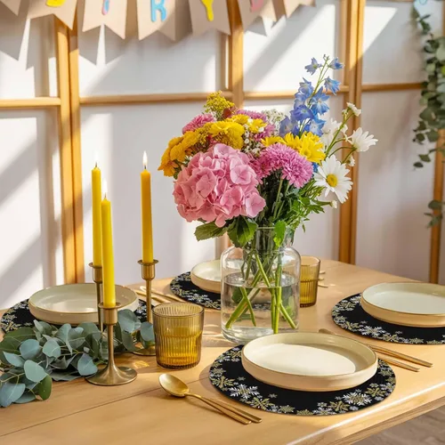 Vista 8 de Christams Round Placemats Set of 2 Snowflake Table Mats for Dining Table Decor Gold Black Round Braided Placemats Heat Resistant Washable Woven