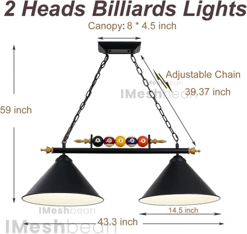 Vista 6 de iMeshbean Luces colgantes de mesa de billar de 43 pulgadas, accesorios de iluminación de mesa de billar para mesa de 7 pies y 8 pies, diseño de bola