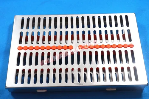 Vista 2 de Bandeja de caja de casete de esterilización de autoclave dental inoxidable alemán para 20 instrumentos-naranja