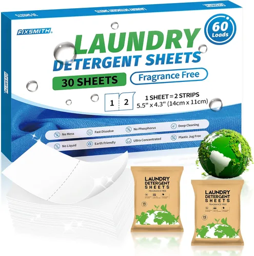 Vista 18 de FIXSMITH Hojas de detergente para ropa – 60 cargas (30 hojas) aroma de lino fresco – Hipoalergénico, tiras de detergente para ropa ecológicas