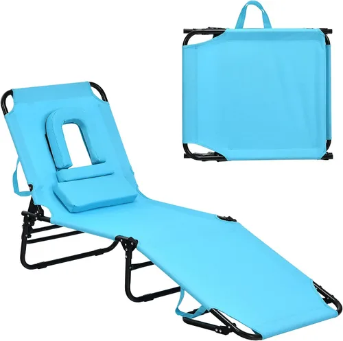 Vista 11 de GYMAX Sillón de playa, silla para tomar el sol, silla plegable ajustable reclinable con agujero para la cara