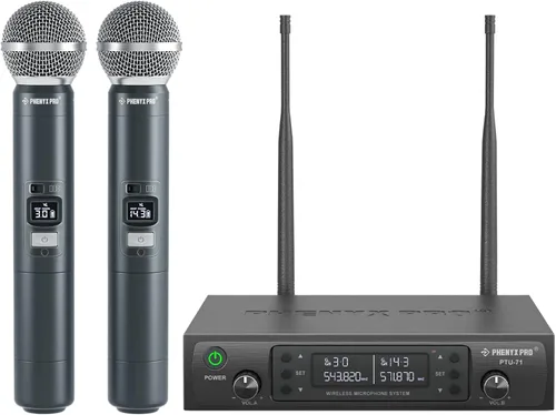 Phenyx Pro Sistema de micrófono inalámbrico, micrófonos inalámbricos duales, con 2 dispositivos de mano, escaneo automático, frecuencias UHF de 2 x