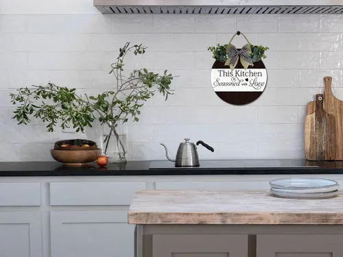 Vista 2 de This Kitchen is Seasoned with Love - Decoración de cocina de granja, decoración de pared de cocina de madera, redondo, rústico, puerta delantera