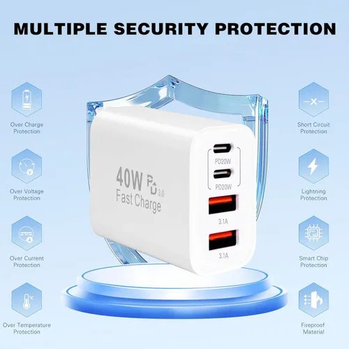 Vista 6 de Cargador para iPhone 17 y 16, cargador multipuerto de 40 W, carga rápida, paquete de 2 bloques de carga de teléfono USB C de 4 puertos de Apple