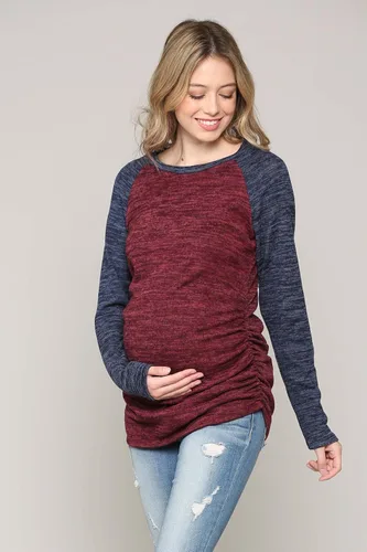 Vista 2 de Suéter de maternidad de punto para mujer, manga larga, fruncido, raglán, casual, camisetas