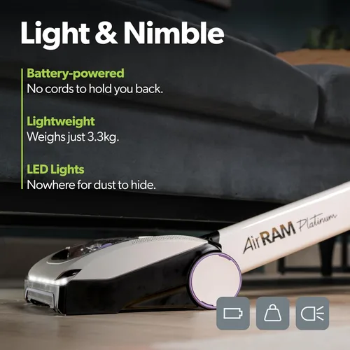 Vista 10 de Gtech AirRAM 3 Aspiradora Inalámbrica con Barra Anti-Enredo de Cabello - Cepillos de Limpieza de Doble Borde - Perfecta para Alfombras y Pisos